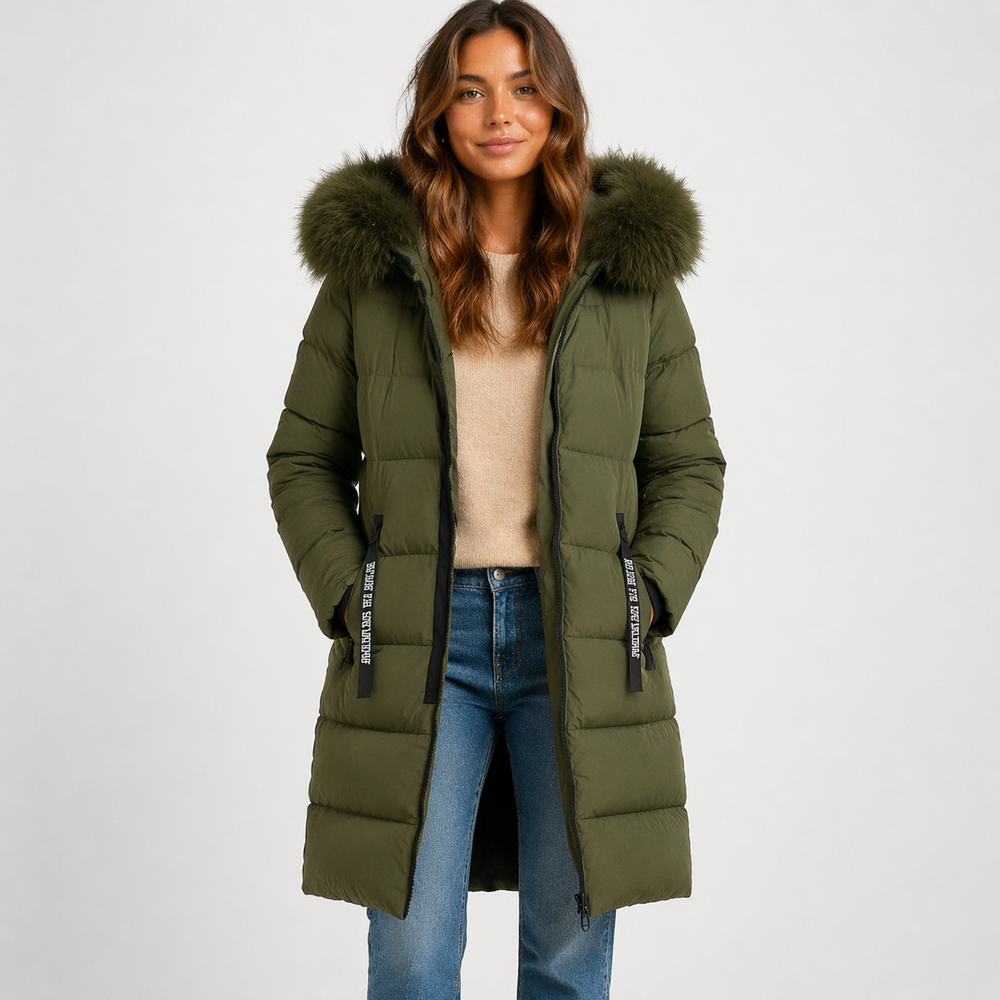 Front view of hooded parka with trimmed edge, full zip front and side pockets, army green
