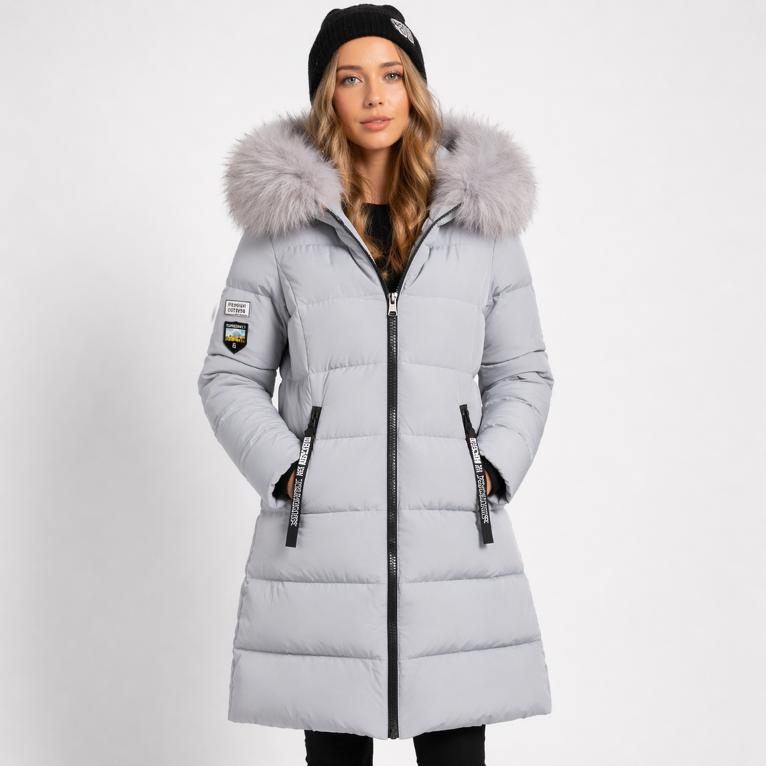 Front view of hooded parka with trimmed edge, full zip front and side pockets, grey