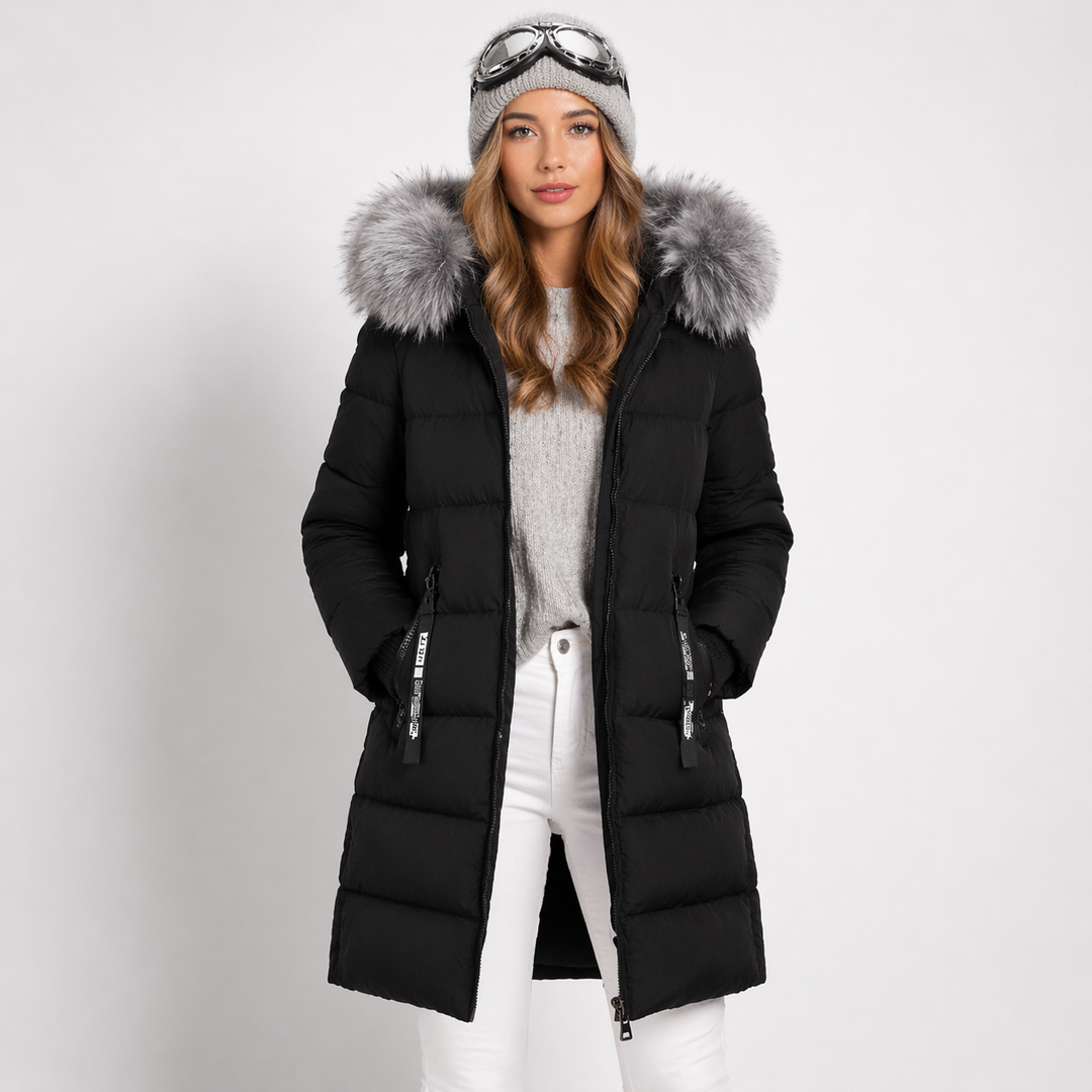 Front view of hooded parka with trimmed edge, zip front and side pockets, black