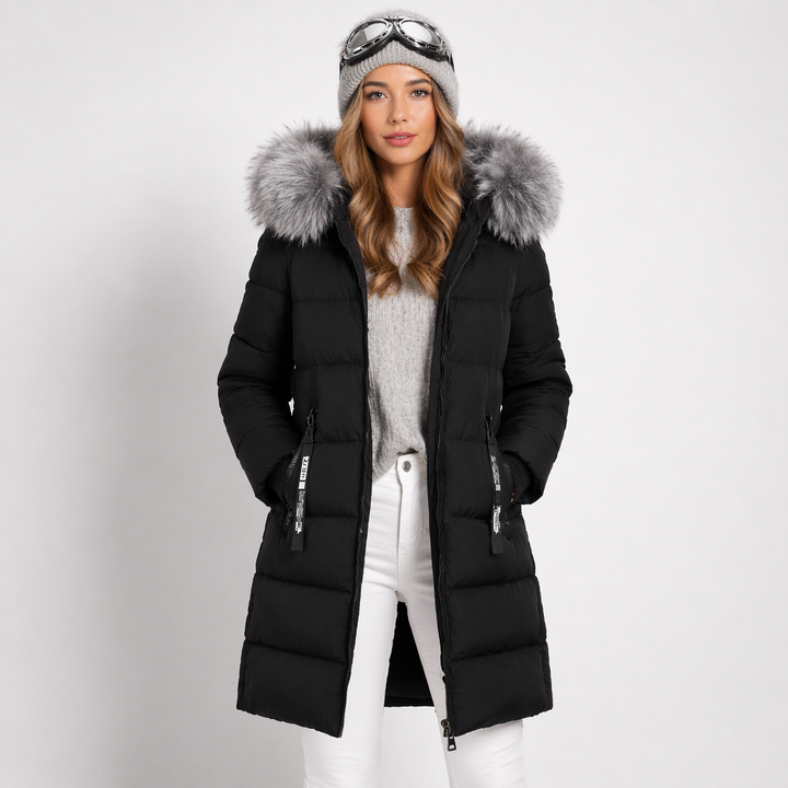 Front view of hooded parka with trimmed edge, zip front and side pockets, black