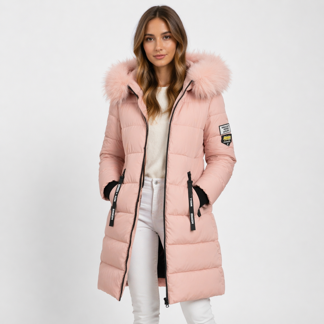 Front view of hooded parka with trimmed edge, full zip front and side pockets, pink