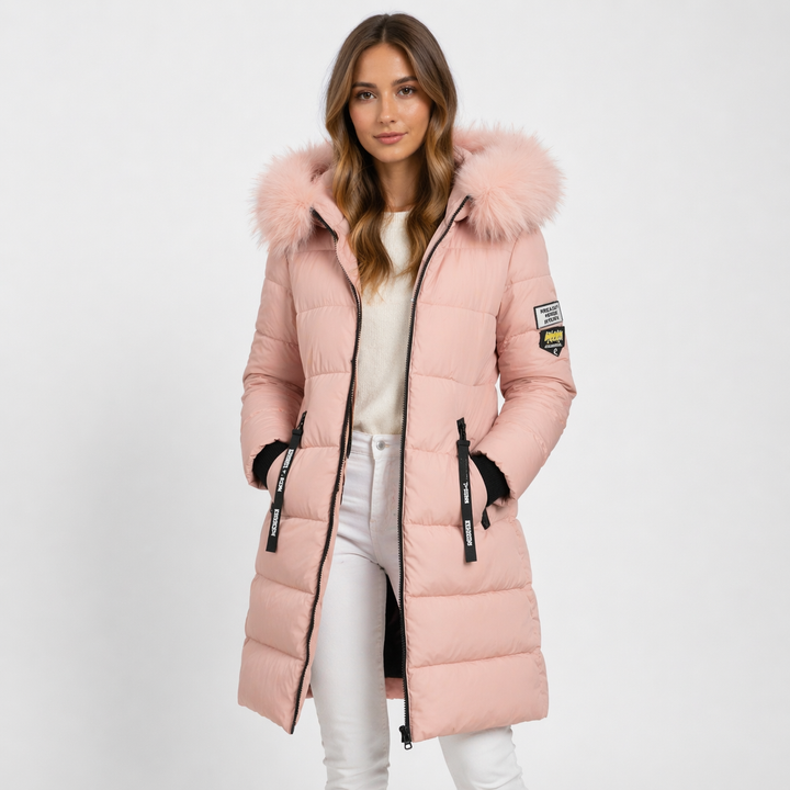 Front view of hooded parka with trimmed edge, full zip front and side pockets, pink