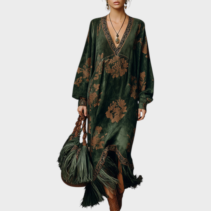 Front view showing deep v-neckline, long sleeves and fringe hem, green