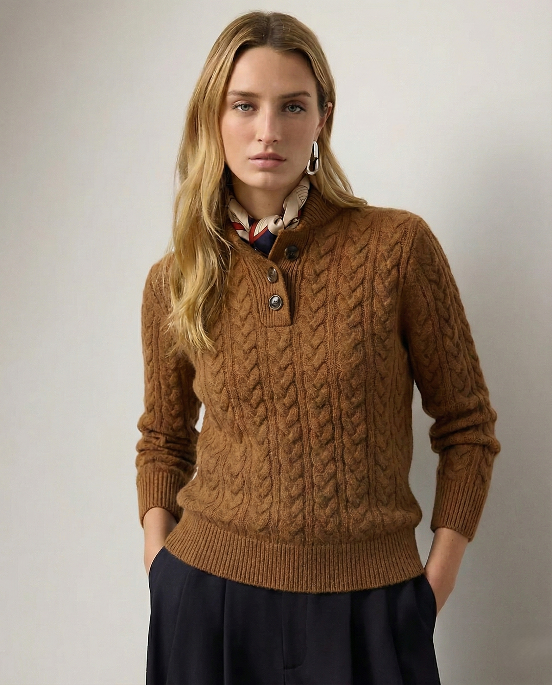 Front view of stand collar, button placket and cable-knit bodice