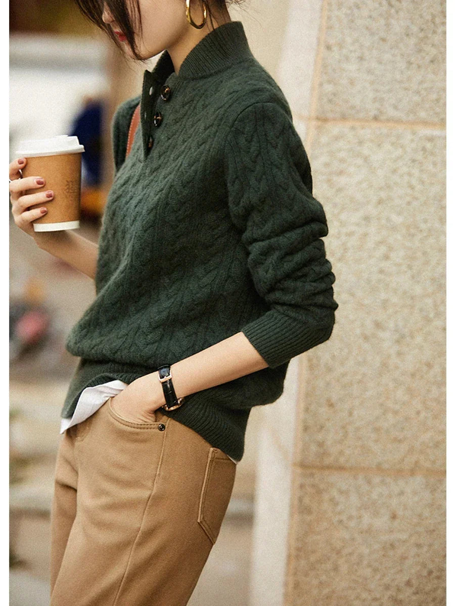 Side view of cable-knit bodice and banded hem