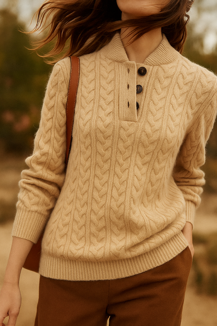 Front view of stand collar, button placket and banded hem, khaki