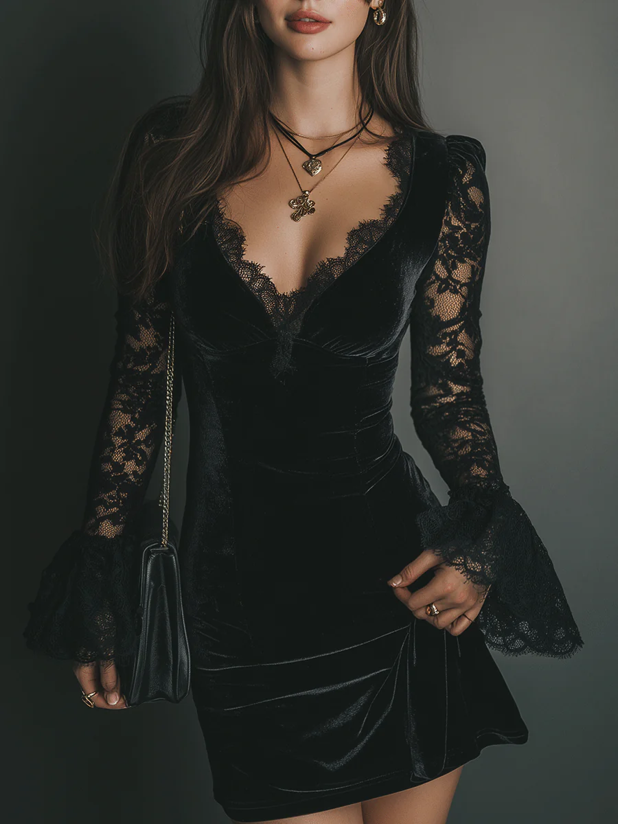 Front view of v-neckline with lace trim, lace sleeves and flared cuffs