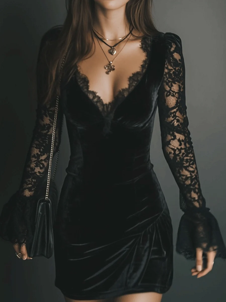 Front view of v-neckline, lace sleeves and ruched skirt, black
