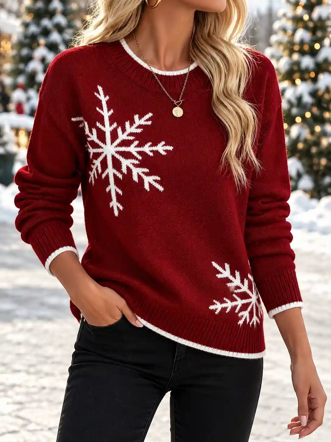 A woman wearing a festive red crewneck sweater with white snowflake patterns, paired with black pants, set against a snowy outdoor background with blurred Christmas trees.