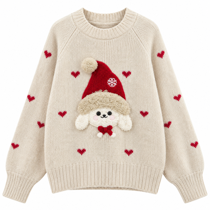 Front view showing round neckline, raglan shoulder seams, dog applique and heart motifs
