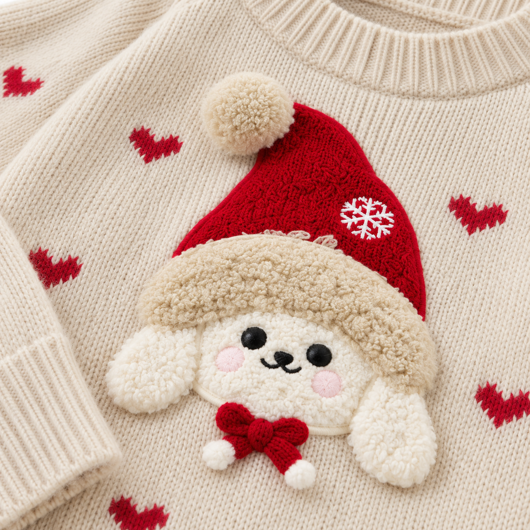 Detail view of dog applique with hat and heart motifs