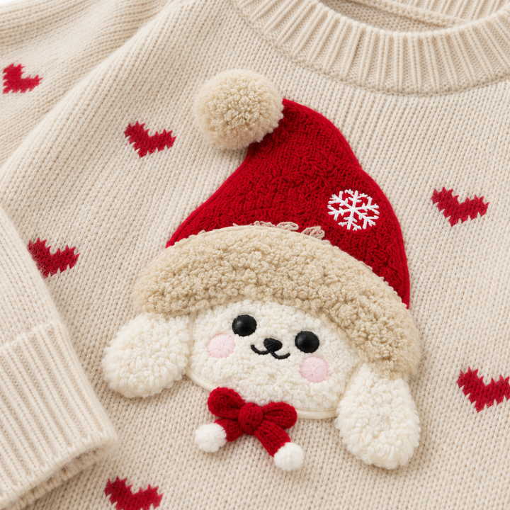 Detail view of dog applique with hat and heart motifs