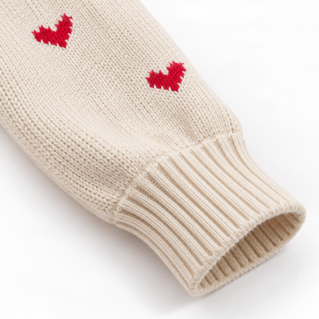 Detail view of banded cuff and heart motifs on the sleeve