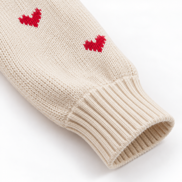 Detail view of banded cuff and heart motifs on the sleeve