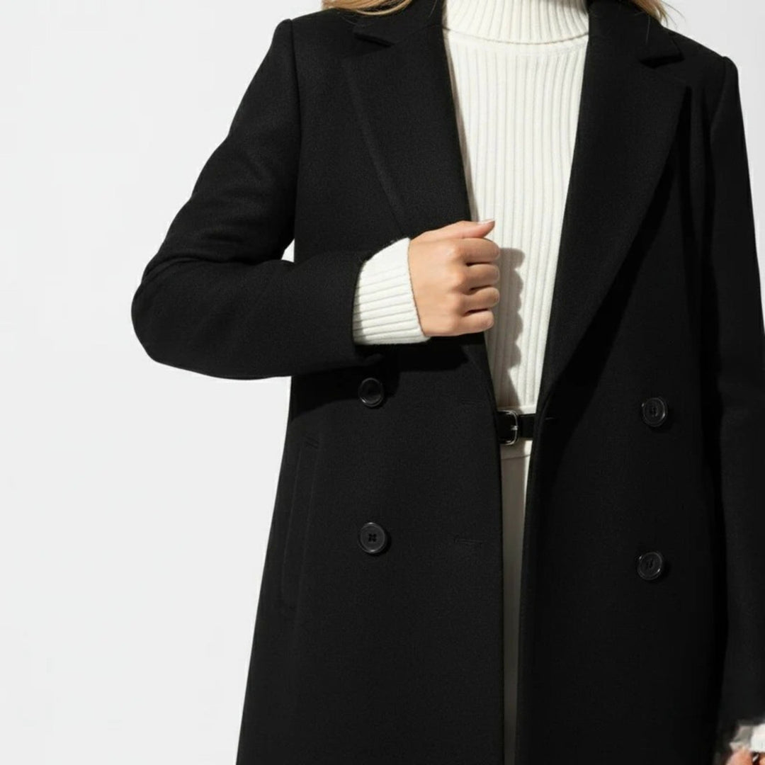 Detail view of lapels and double-breasted button closure