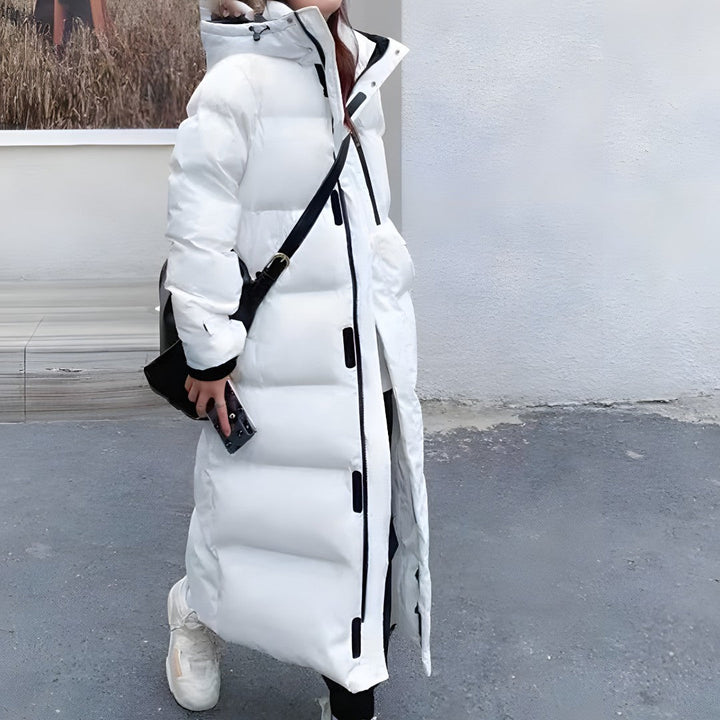 Side view showing stand collar, side pocket and quilted body