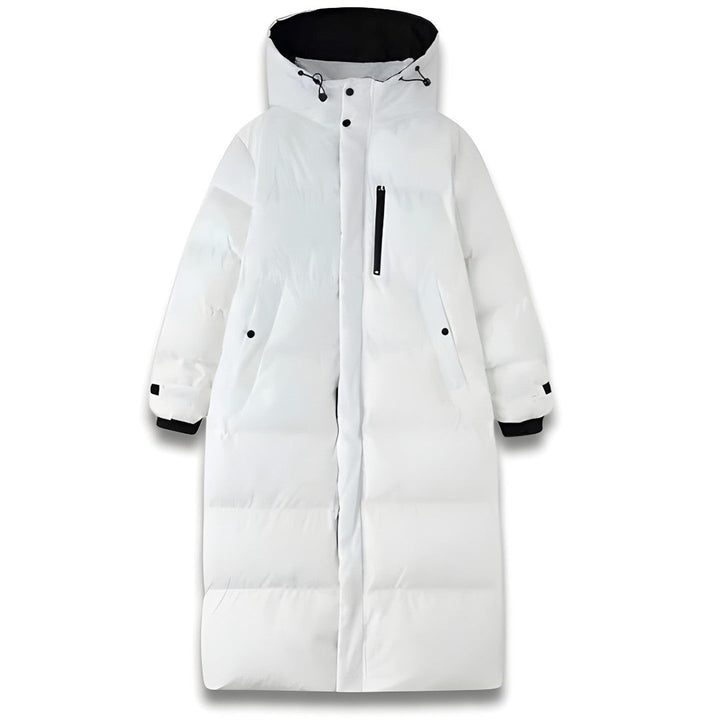 Front view showing hood, chest pocket, side pockets and banded cuffs