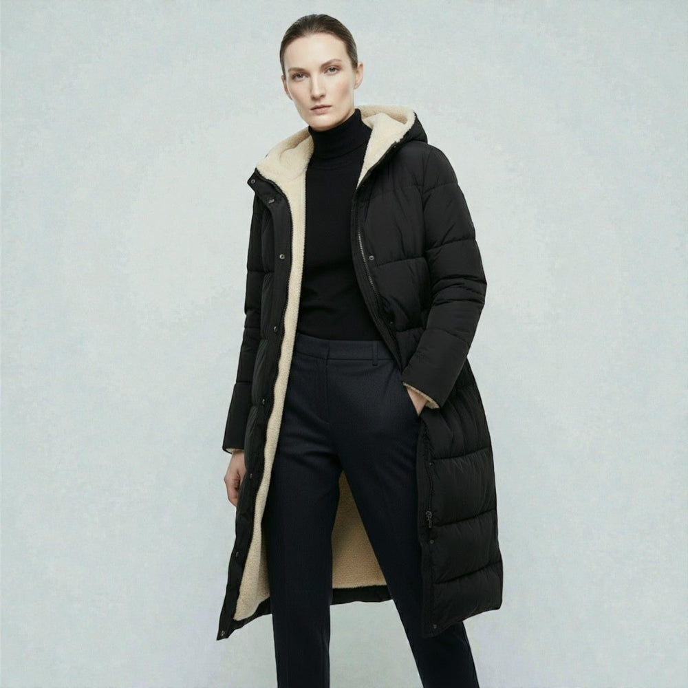 Side view showing hood, stand collar and zip front, black