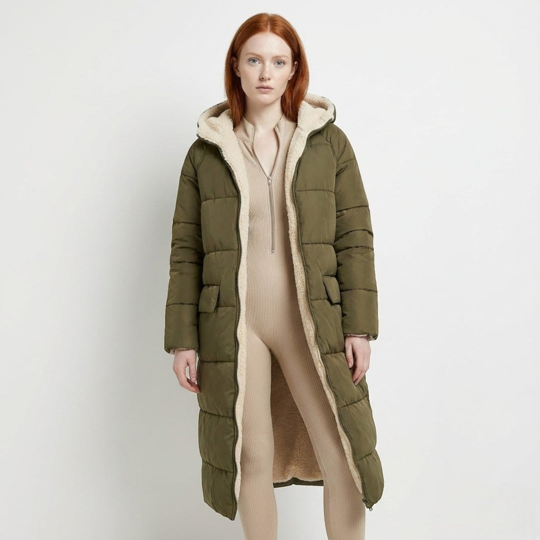 Front view showing hood, stand collar and side pocket