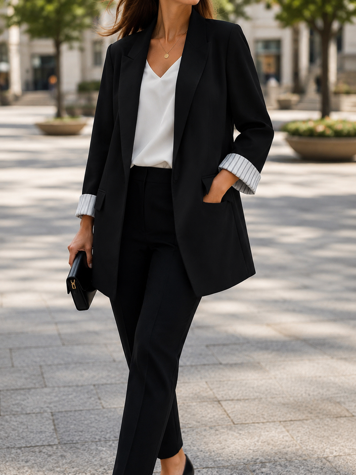 Women’s Longline Blazer with Notched Lapel and Rolled Cuffs