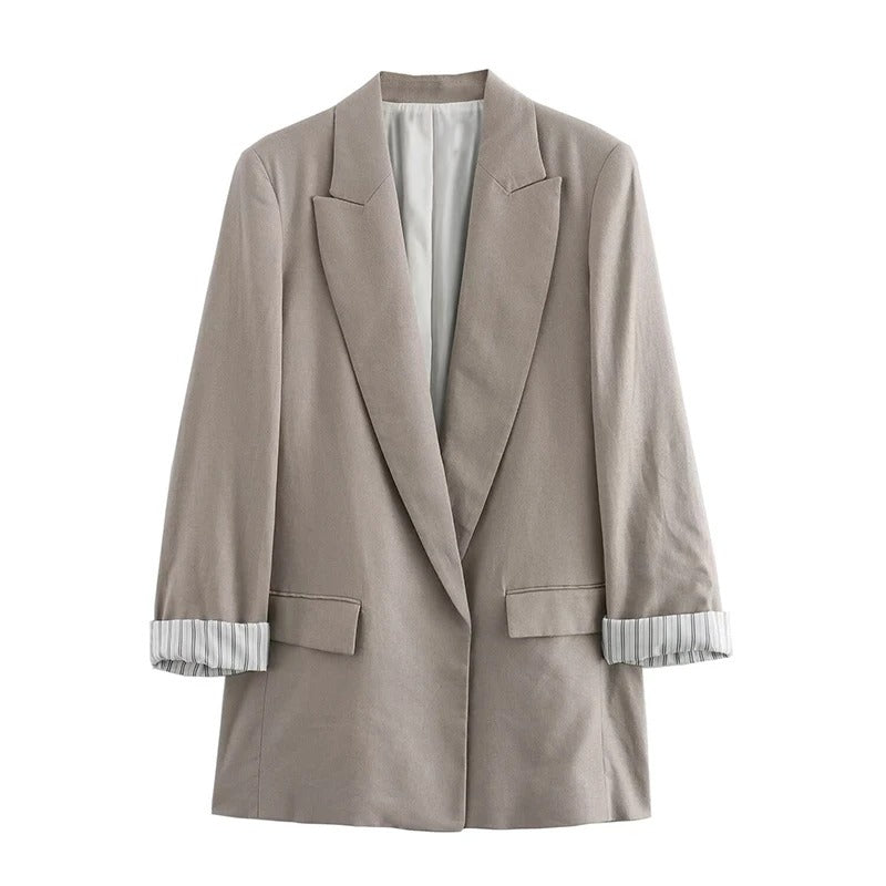 Women’s Longline Blazer with Notched Lapel and Rolled Cuffs