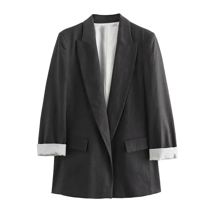Women’s Longline Blazer with Notched Lapel and Rolled Cuffs