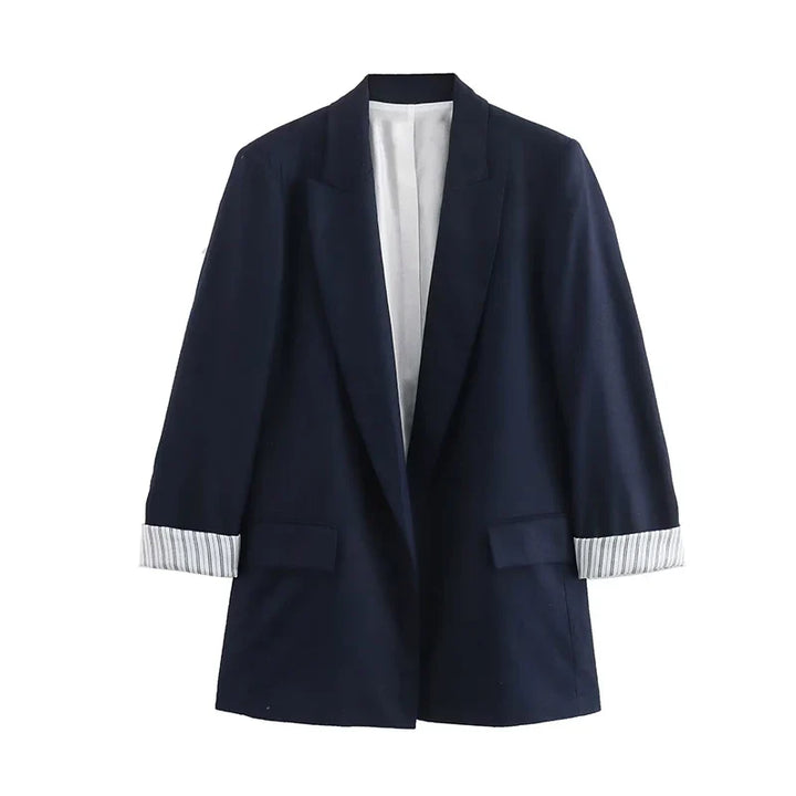Women’s Longline Blazer with Notched Lapel and Rolled Cuffs