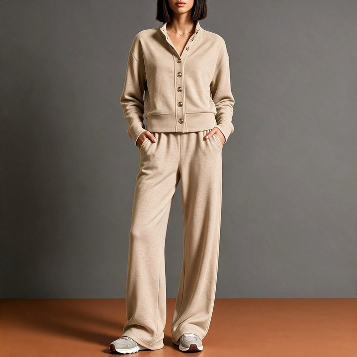 Front view showing banded cuffs, side pockets and cropped jacket hem, khaki