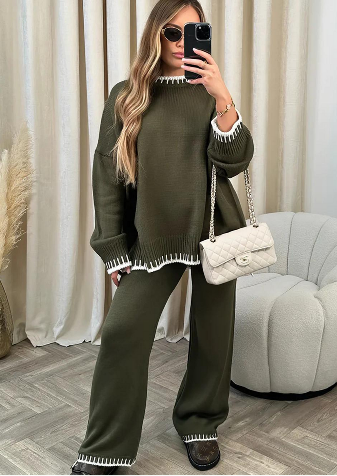Women’s Loungewear Set with Contrast Trim Top and Straight-Leg Pants