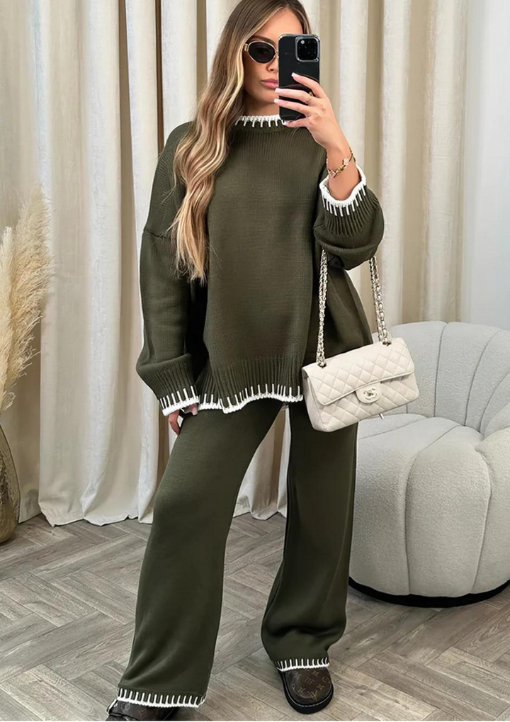 Women’s Loungewear Set with Contrast Trim Top and Straight-Leg Pants