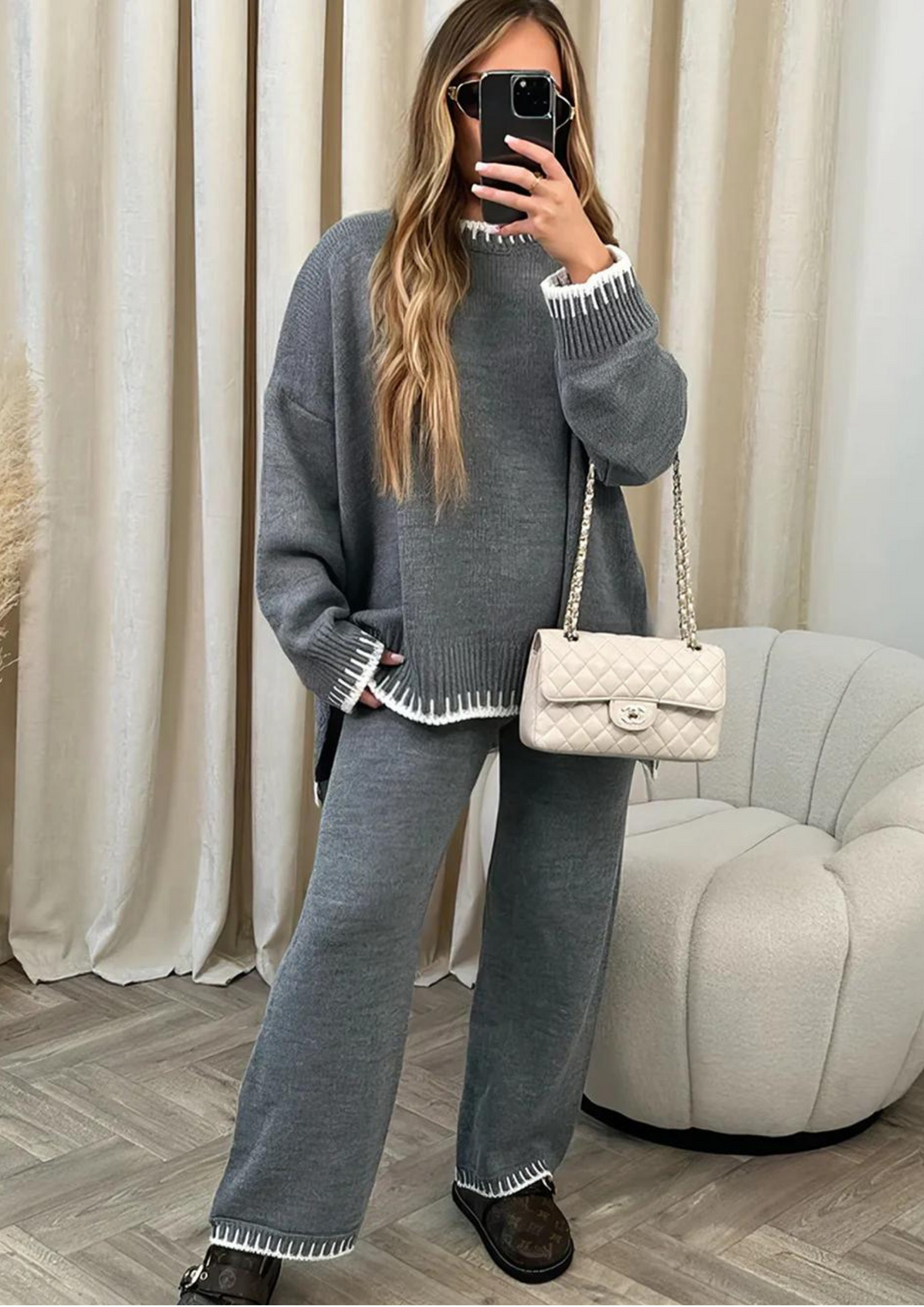 Women’s Loungewear Set with Contrast Trim Top and Straight-Leg Pants
