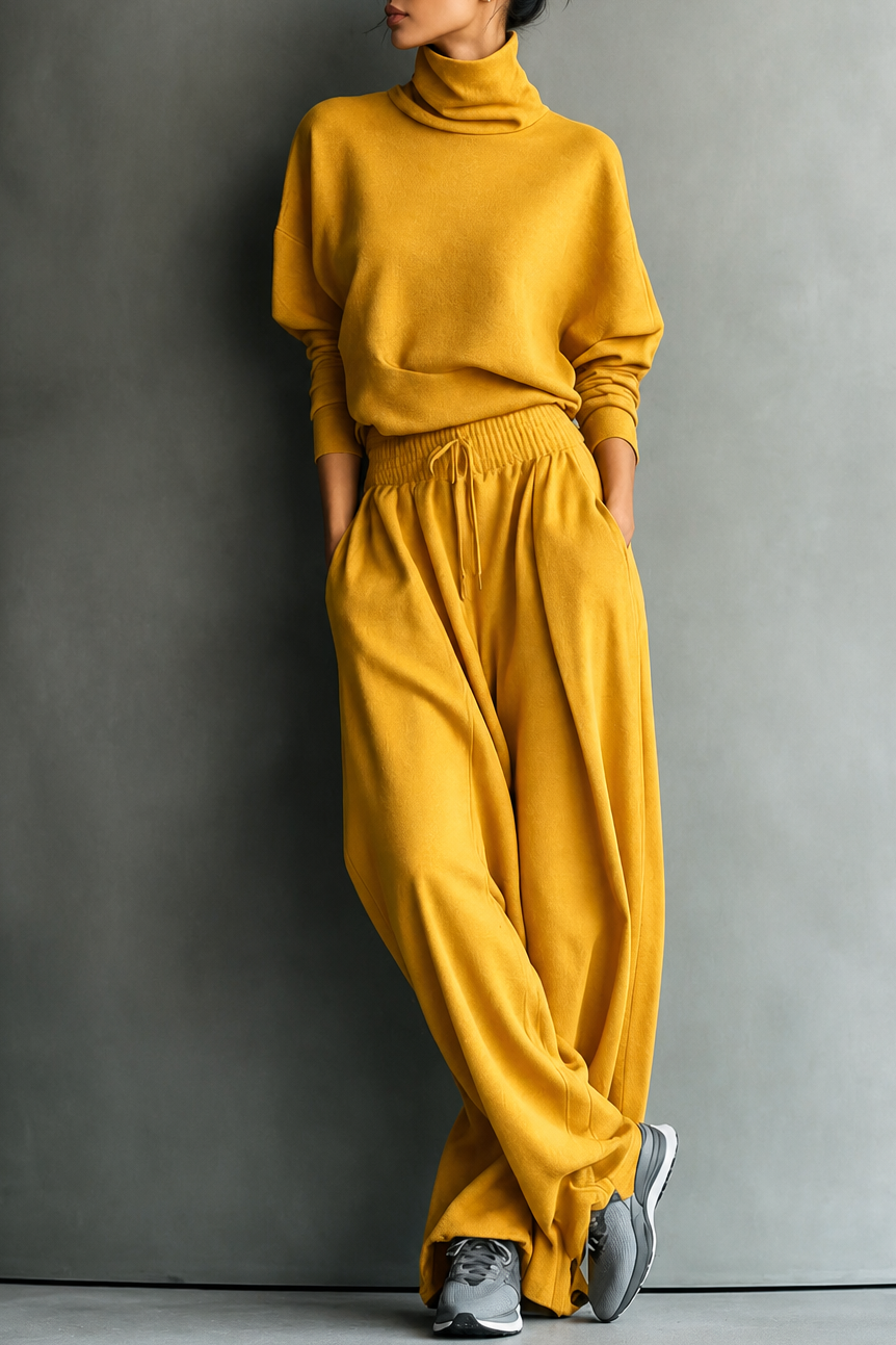 Front view of turtleneck top with long sleeves and wide-leg trousers, yellow