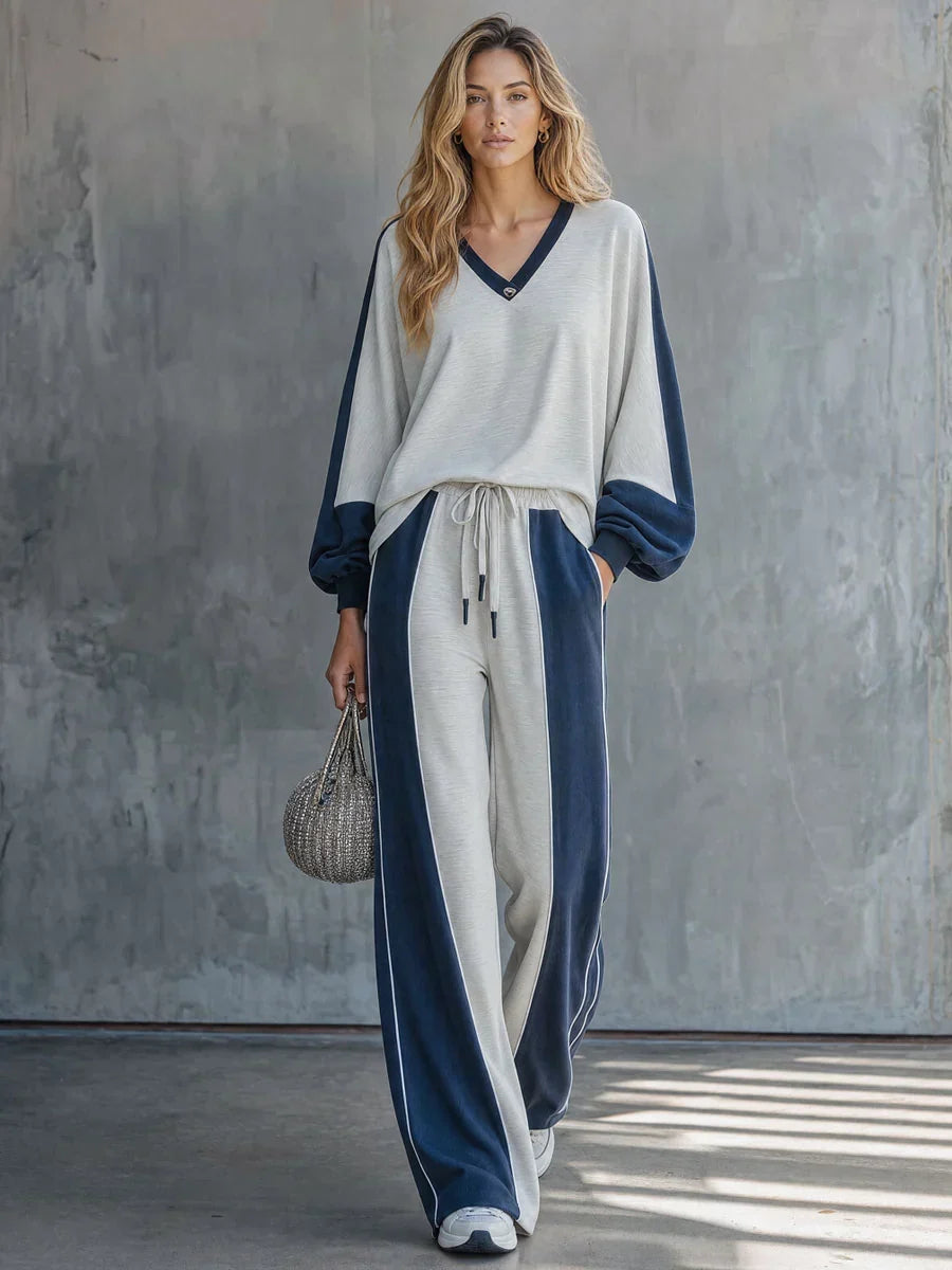 Women’s Loungewear Set with V-Neck Top and Drawstring Pants