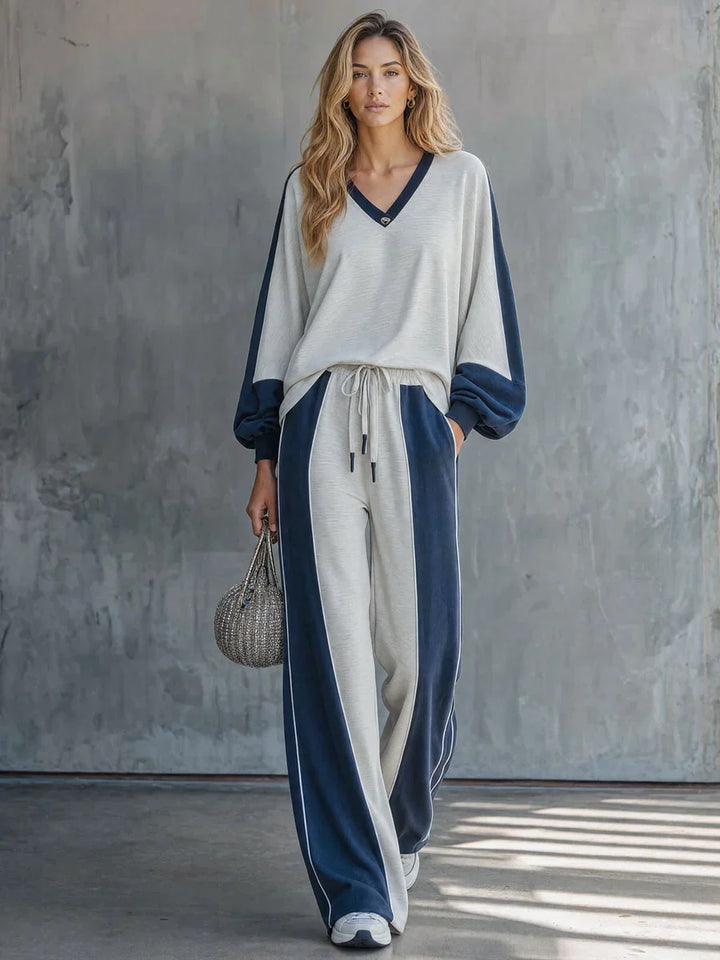 Women’s Loungewear Set with V-Neck Top and Drawstring Pants