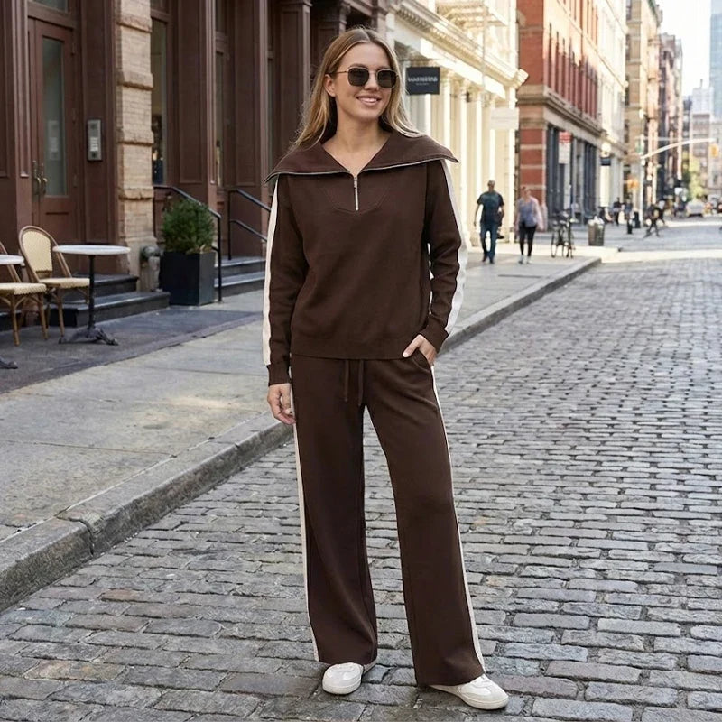 Women’s Loungewear Set with Zip Neck Top and Wide-Leg Pants
