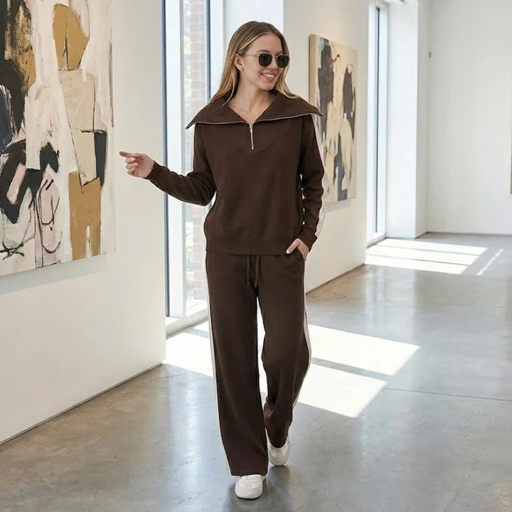 Women’s Loungewear Set with Zip Neck Top and Wide-Leg Pants