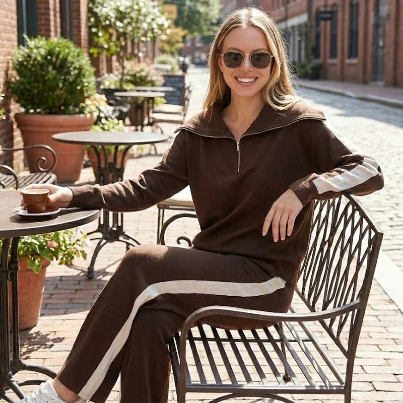 Women’s Loungewear Set with Zip Neck Top and Wide-Leg Pants