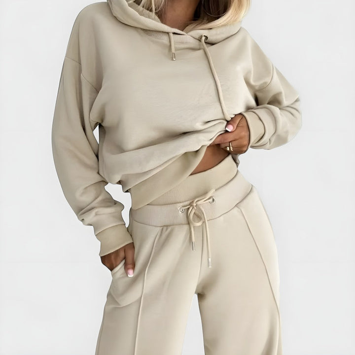 Detail view of hood with drawstring, banded cuffs and drawstring waist, beżowy