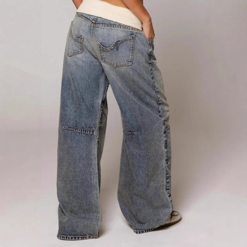 Back view of patch pockets and stitched panels on wide legs