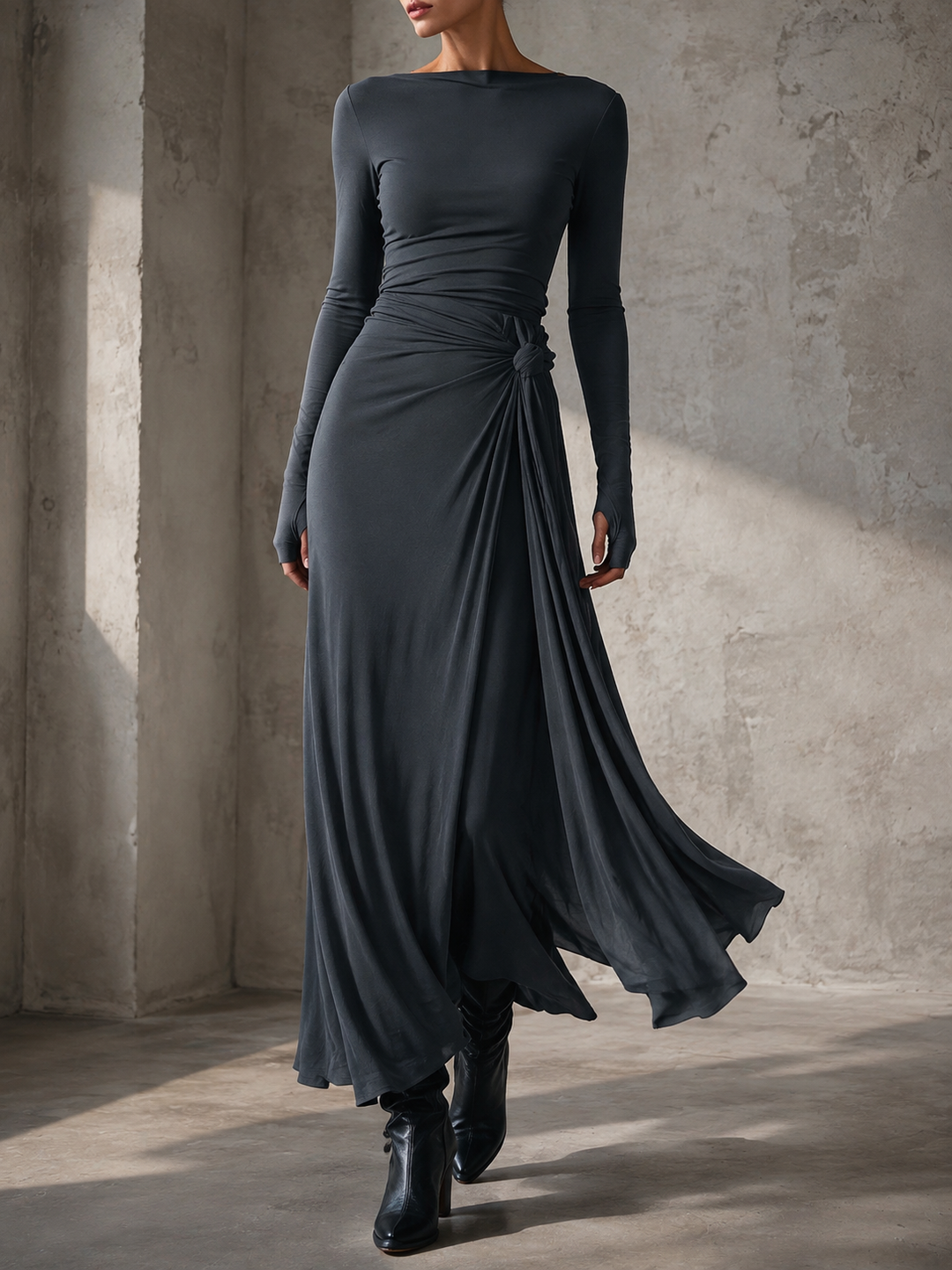 Women’s Maxi Dress with Boat Neckline and Draped Side Detail
