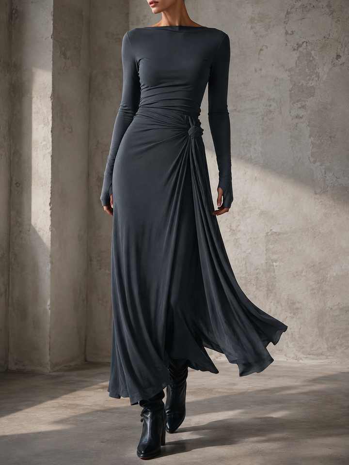Women’s Maxi Dress with Boat Neckline and Draped Side Detail