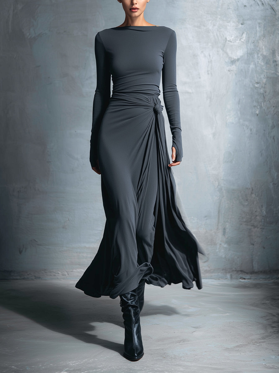 Women’s Maxi Dress with Boat Neckline and Draped Side Detail