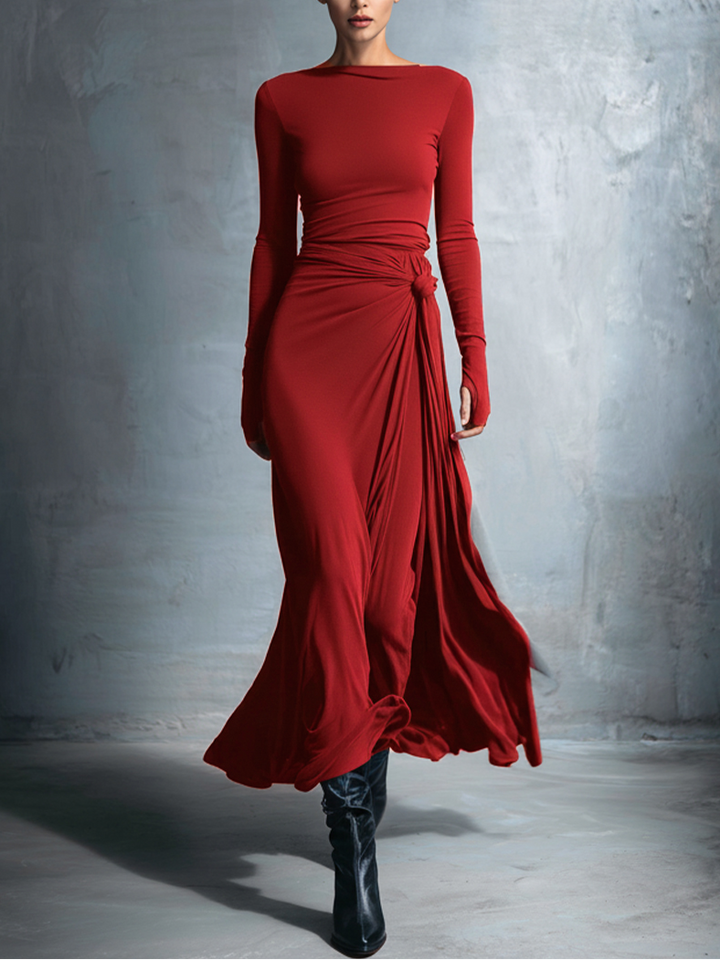 Women’s Maxi Dress with Boat Neckline and Draped Side Detail