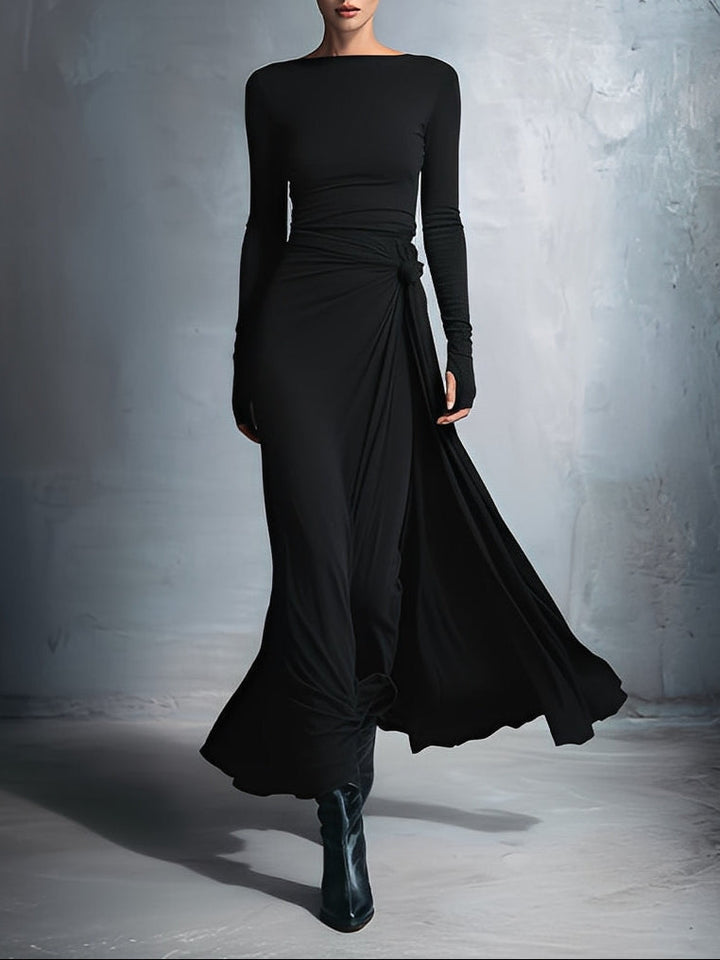 Women’s Maxi Dress with Boat Neckline and Draped Side Detail