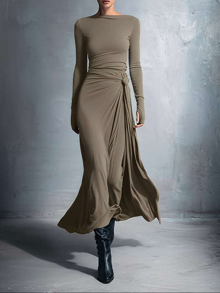 Women’s Maxi Dress with Boat Neckline and Draped Side Detail