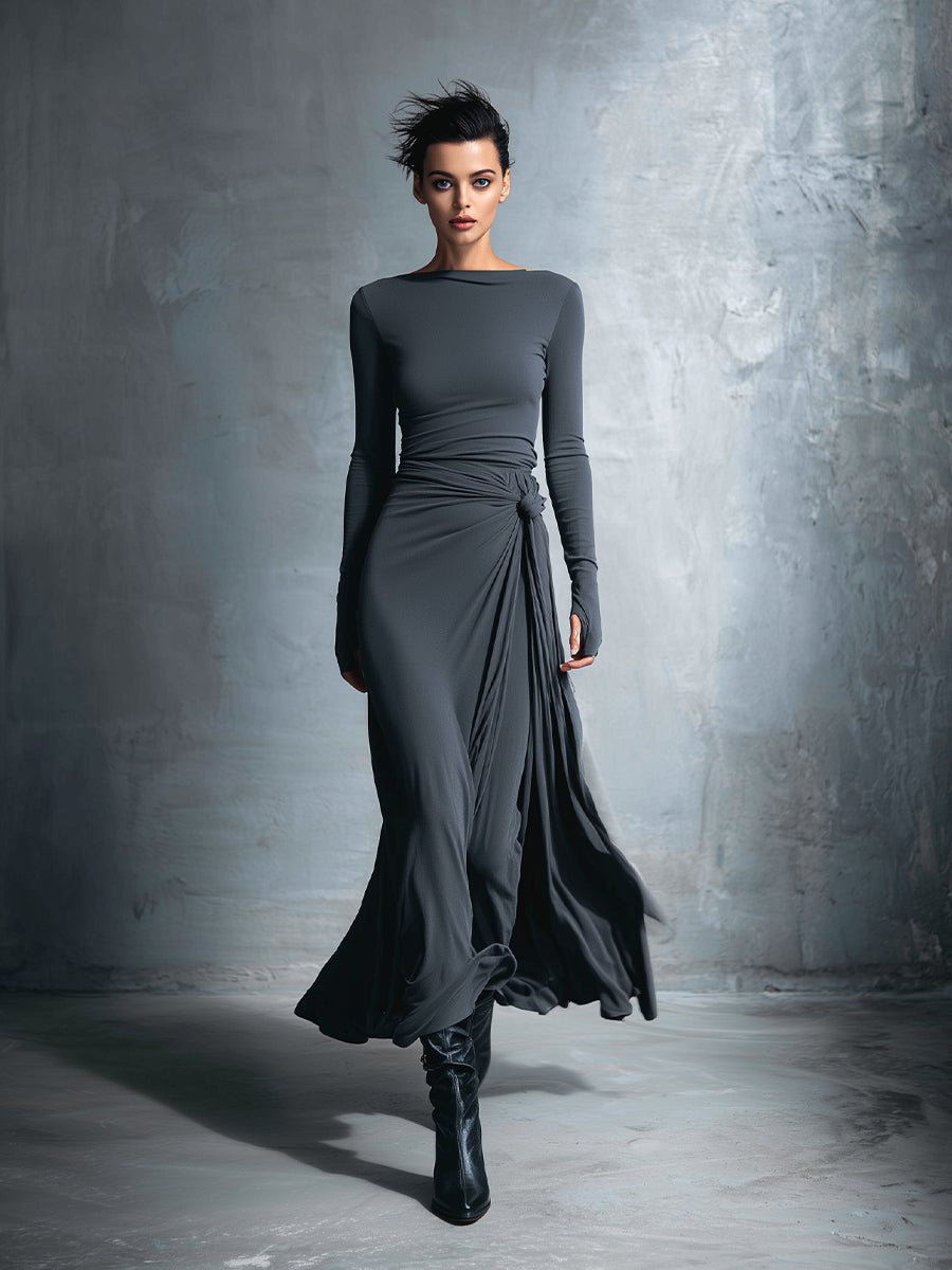 Women’s Maxi Dress with Boat Neckline and Draped Side Detail