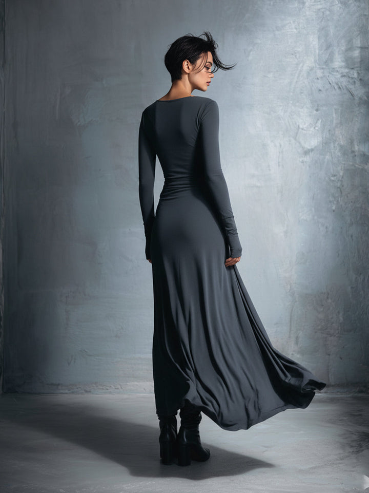 Women’s Maxi Dress with Boat Neckline and Draped Side Detail