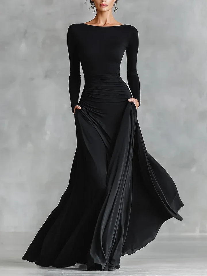 Women’s Maxi Dress with Boat Neckline and Gathered Waist