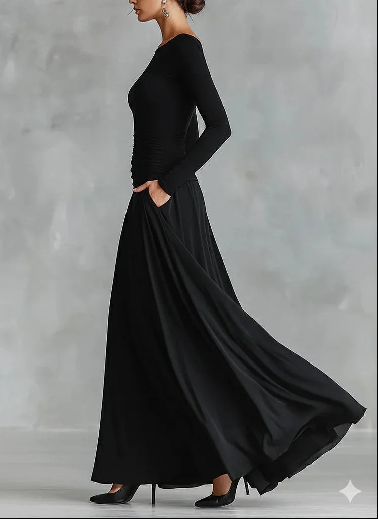 Women’s Maxi Dress with Boat Neckline and Gathered Waist
