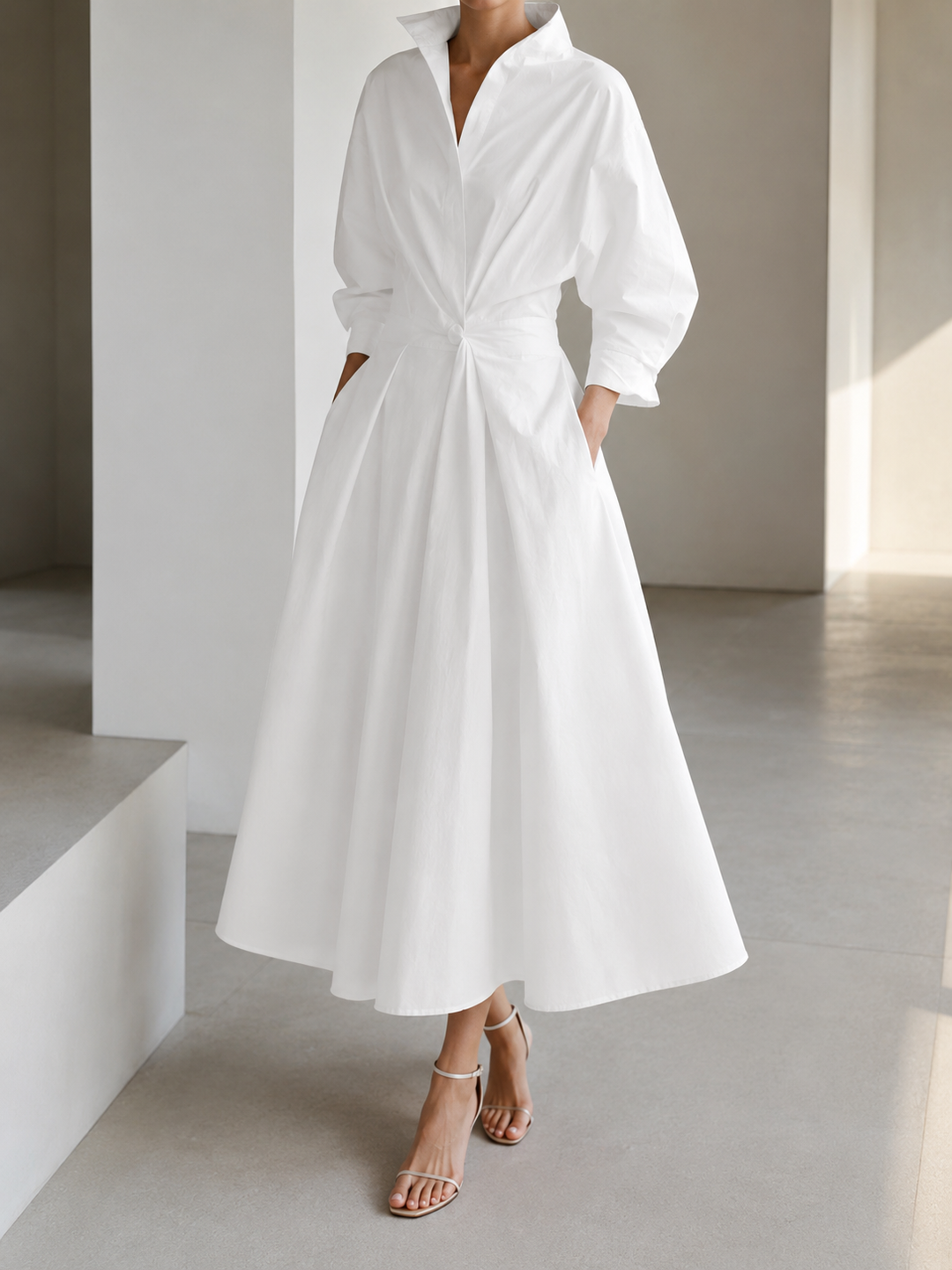 Women’s Maxi Dress with Collared Neck and Cuffed Sleeves